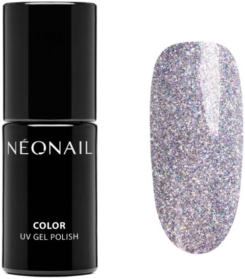 En svart nagellackflaska märkt 'NEONAIL COLOR UV GEL POLISH' och ett glitterfärgat, silverfärgat nagelprov.