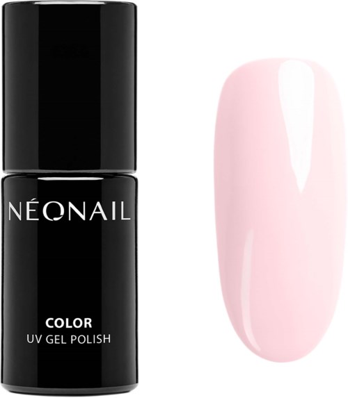 A black bottle of NEONAIL UV gel polish next to a painted pink nail.