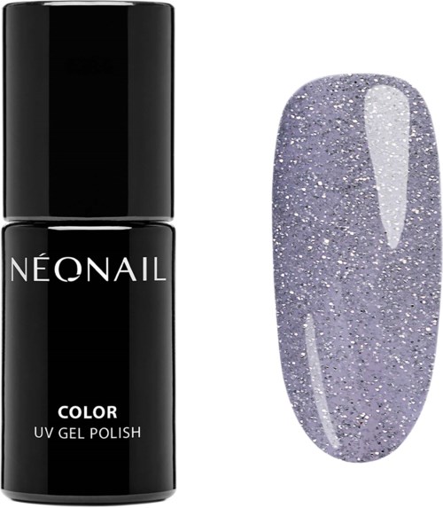 En svart flaska märkt 'Neonail Color UV Gel Polish' bredvid ett gelénagellack i lavendellila glitter.