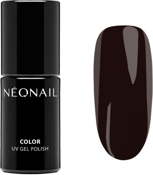 Black nail polish bottle with a swatch showing dark brown color. Simple and elegant design.