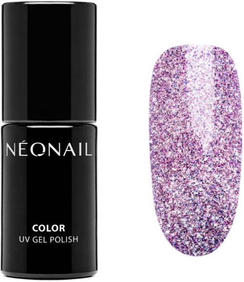 En svart flaska nagellack märkt 'Neonail Color UV Gel Polish' och en målad nagel med lila glitter.