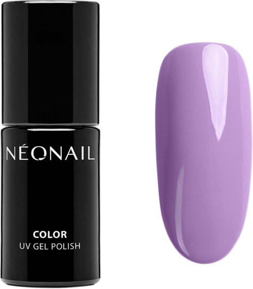 En svart flaska med NEONAIL UV-geloppnare och en lila målad nagel.