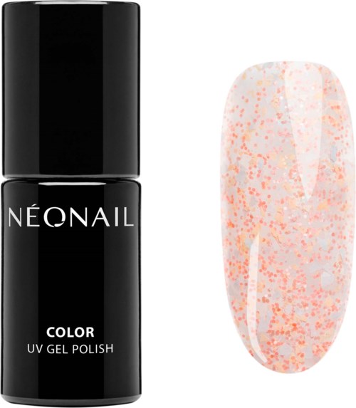 A black nail polish bottle with white text and a decorated nail showing pink and orange speckled polish.
