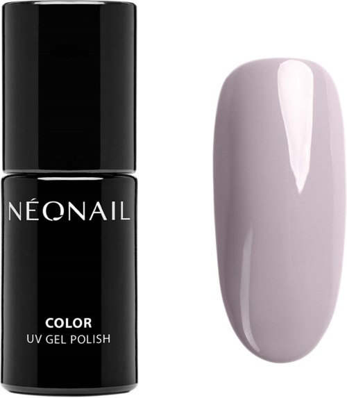 En svart flaska med Neonail UV-gel nagellack och en målad nagelprov i ljuslila.