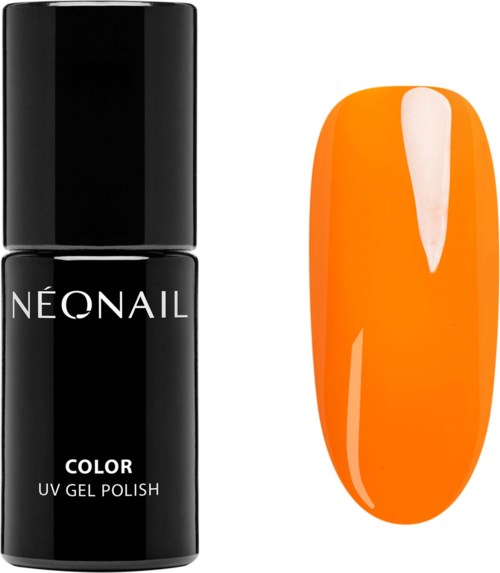 En svart flaska med Neonail UV-gel nagellack bredvid en målad orange nagel med en vit rand i mitten.
