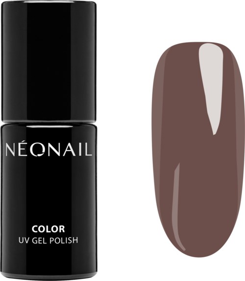 A black bottle of NeonaIl UV gel nail polish and a painted nail swatch in brown color.