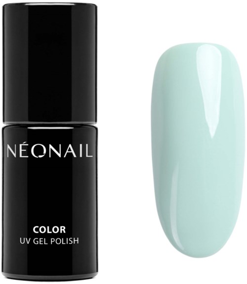 En svart nagellackflaska märkt 'NEONAIL COLOR UV GEL POLISH' och en målad nagel med ljus mintgrön lack.