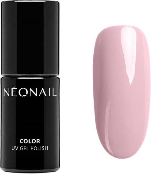 En svart flaska märkt 'Neonail Color UV Gel Polish' bredvid ett rosa nagellacksexempel.