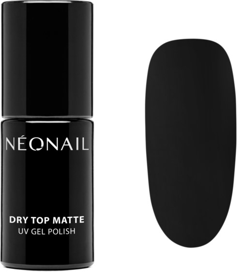 Czarna butelka z napisem 'NEONAIL DRY TOP MATTE UV GEL POLISH' obok czarnej owalnej próbki paznokcia.