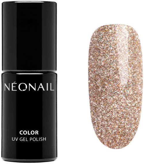 En svart nagellackflaska märkt 'Neonail Color UV Gel Polish' och ett glitterglittrigt nagelprov.