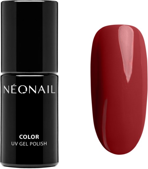 A black nail polish bottle and a red painted nail sample. The bottle is labeled 'Neonail Color UV Gel Polish.'
