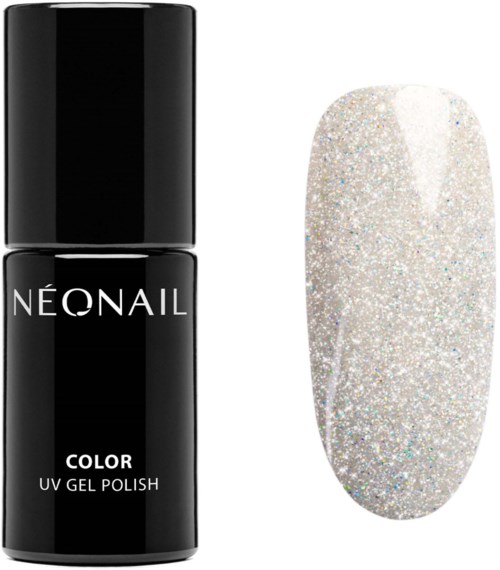 En svart flaska nagellack märkt 'Neonail Color UV Gel Polish' bredvid en glitterig vit nagel med glitter.