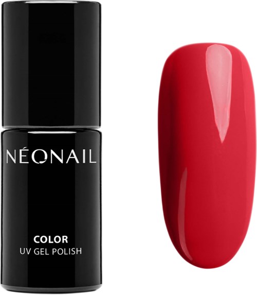 En svart flaska med NEONAIL UV-gelolja och ett rött målat nagelprov.
