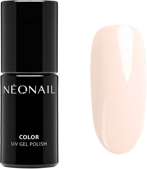 En svart flaska med Neona Nail UV-gel lack och ett ljusrosa nagelprov bredvid.