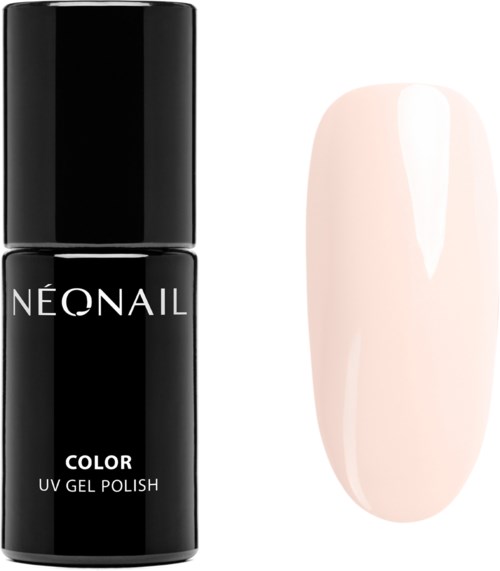 Black nail polish bottle with white text and a pale pink nail sample beside it.