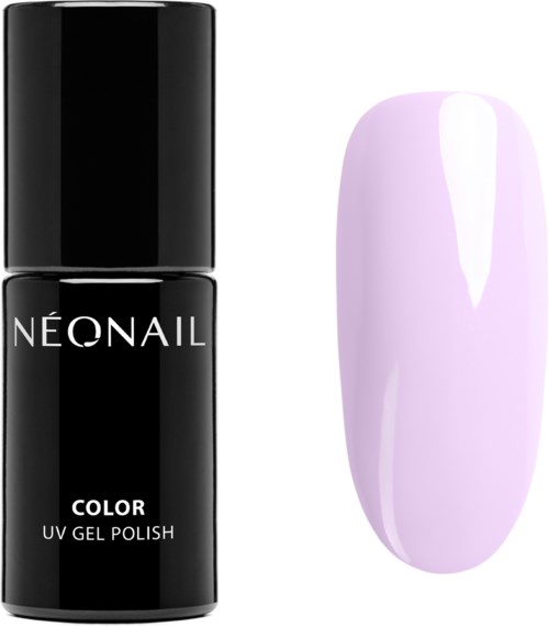 A black bottle labeled 'NEONAIL' and a sample of light purple nail polish.