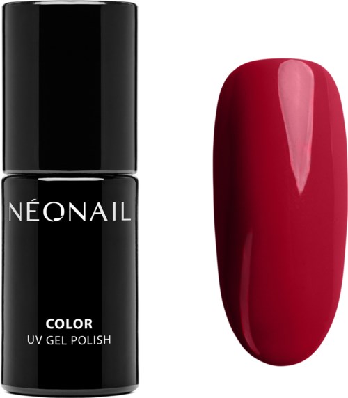 A black bottle of nail polish labeled 'Neonail Color UV Gel Polish' and a red painted nail. 