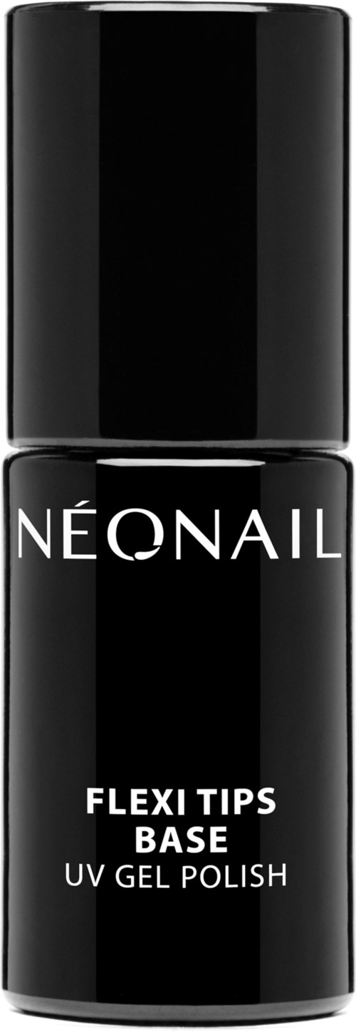 Black nail polish bottle with white text saying 'NEONAIL' and 'FLEXI TIPS BASE UV GEL POLISH'.