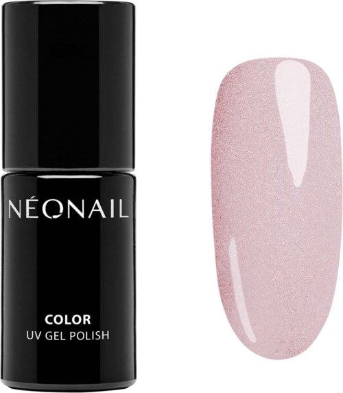 En svart flaska märkt 'Neonail' med ett litet prov på rosa nagellack bredvid.
