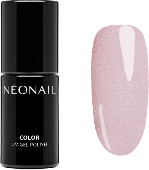 A black nail polish bottle labeled 'NEONAIL COLOR UV GEL POLISH' and a pink, glittery nail sample.