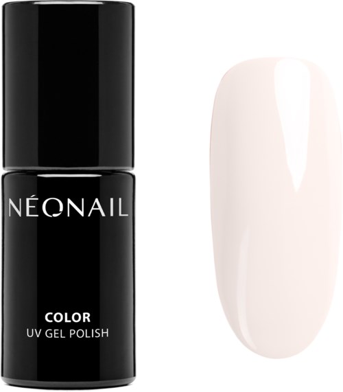 A black bottle labeled 'NEONAIL COLOR UV GEL POLISH' and a white painted nail beside it.