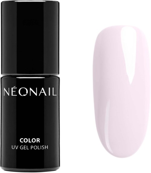 A black nail polish bottle labeled 'NEONAIL COLOR UV GEL POLISH' and a white painted nail sample.