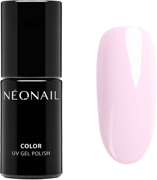 A black bottle labeled 'Neonail Color UV Gel Polish' next to a light pink painted nail.
