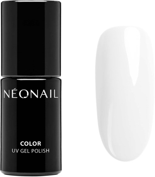 A bottle of black UV gel nail polish with the brand name 'NEONAIL' and a white nail sample showing the color.