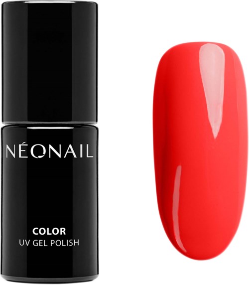 En svart flaska märkt 'NEONAIL COLOR UV GEL POLISH' bredvid en glänsande röd nagellacksprov.