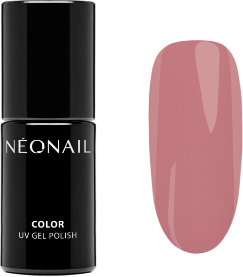 A black bottle of NEONAIL color UV gel polish next to a pink painted nail. Simple and clean design.