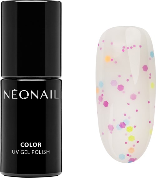 A black bottle of NEONAIL UV gel polish and a nail with white base and colorful dots design.