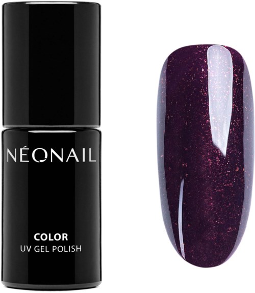 En svart flaska med UV-gel för nagellack märkt 'Neonail Color' bredvid en mörklila, glittrig, glansig nageltipp.