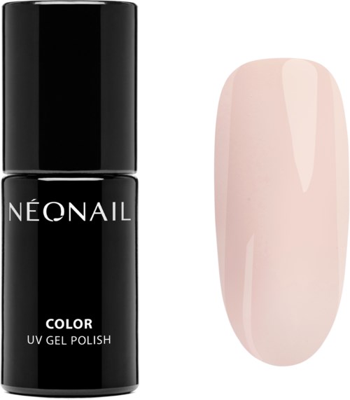 A black bottle labeled 'NEONAIL COLOR UV GEL POLISH' next to a pale pink painted nail.