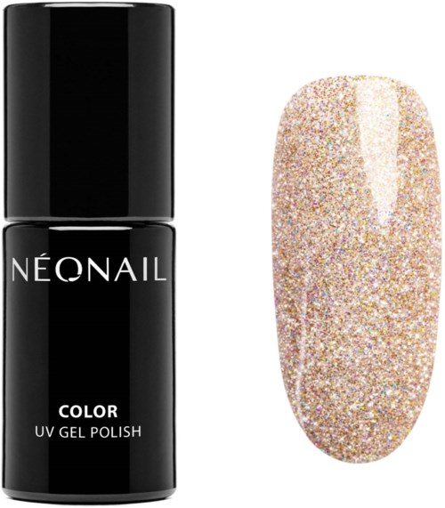 En svart flaska märkt 'NEONAIL' bredvid ett glittrigt guldnagellack. Nagellacket är gnistrande och texturerat.