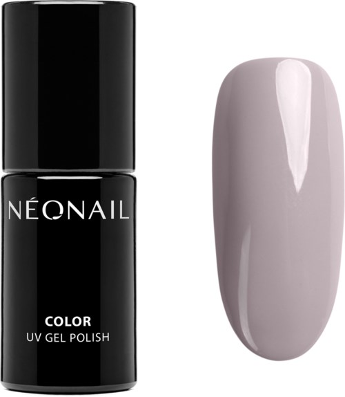 A black nail polish bottle labeled 'NEONAIL COLOR UV GEL POLISH' next to a painted fingernail with light gray polish.
