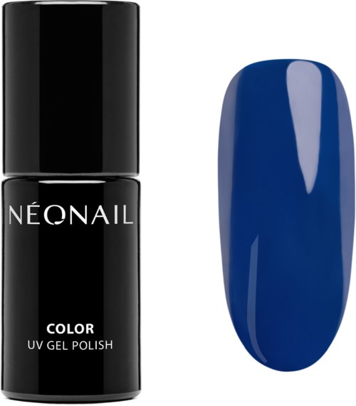 A black nail polish bottle labeled 'NEONAIL COLOR UV GEL POLISH' and a blue painted nail.