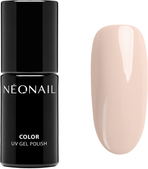 A black bottle labeled 'NEONAIL' with a peach-colored nail sample showing a glossy finish.