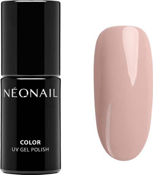 A black bottle labeled 'NEONAIL COLOR UV GEL POLISH' next to a painted fingernail showing soft pink color.