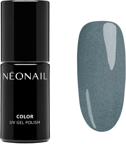 A black bottle labeled 'Neonail Color UV Gel Polish' and a gray gel polish sample.