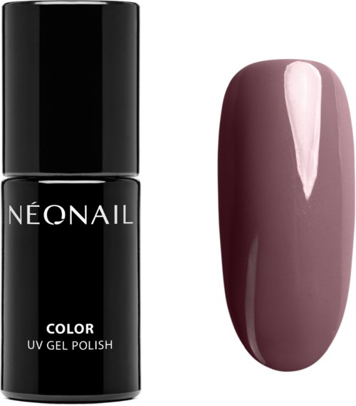 A black nail polish bottle labeled 'Neonail' and a painted nail showing a mauve color.