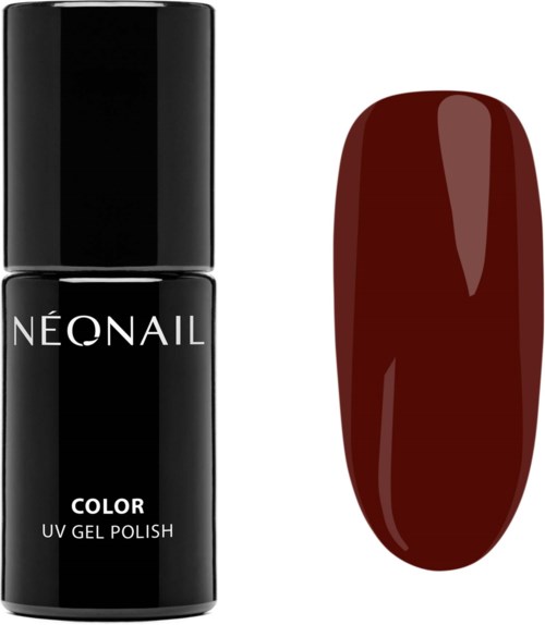 A black nail polish bottle labeled 'Neonail Color UV Gel Polish' next to a painted natural nail with dark red polish.