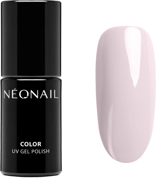 A black bottle of Neonail UV gel polish and a painted nail showing a light pink color.