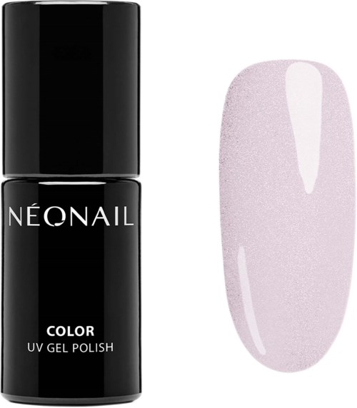 Svart flaska märkt 'NEONAIL COLOR UV GEL POLISH' och en ljusrosa nagel med slätt, glänsande yta.