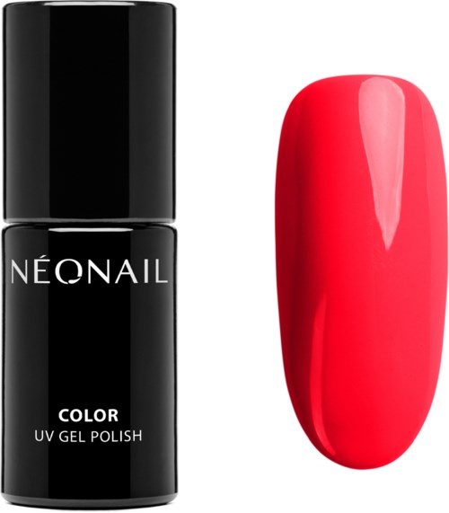 A black bottle of neon nail gel polish with the brand name 'NEONAIL' and a bright pink painted nail.
