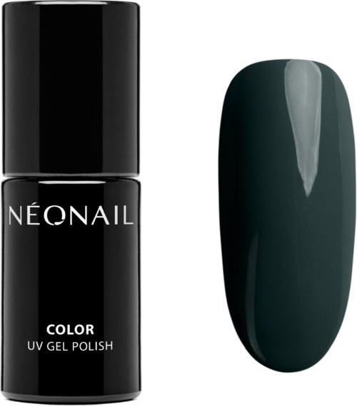 Black nail polish bottle labeled 'NÉONAIL Color UV Gel Polish', with a painted dark teal nail sample.