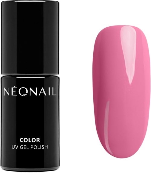 A black bottle of Neonail UV gel nail polish next to a pink painted nail.