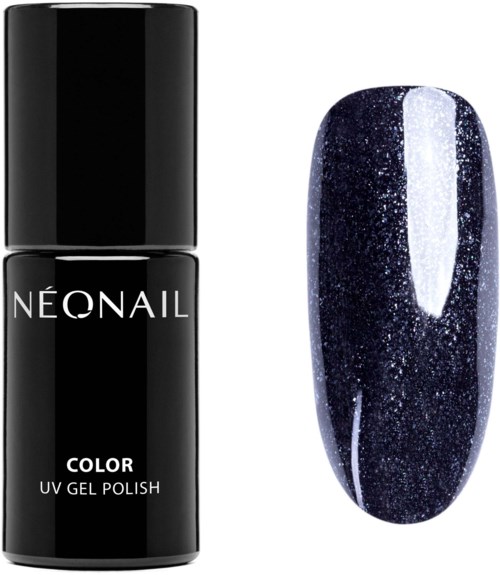 Svart nagellacksflaska märkt NeoNail Color UV Gel Polish, med ett mörkt, glitterfyllt nageldesignprov.