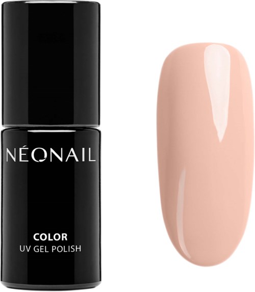Svart flaska märkt 'NEONAIL' och ett rosa nagelprov. Enkel, ren design för nagellack.