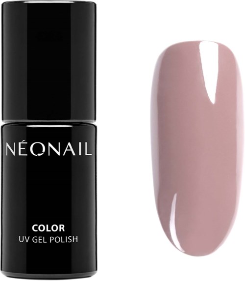 En svart flaska märkt 'Neonail Color UV Gel Polish' och en rosa nagel målad med gel-polishen.
