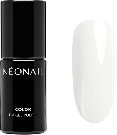 En svart flaska märkt NeoNail färg UV-gelnagellack och ett vitt naglexempel. Båda används för nagelkonst.